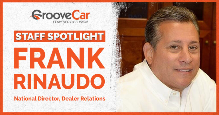 Frank Rinaudo smiling in professional attire in GrooveCar Staff Spotlight graphic