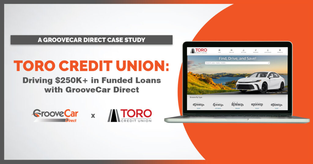 Promotional graphic for Toro Credit Union's GrooveCar Direct case study, highlighting $250K+ in funded loans through the partnership