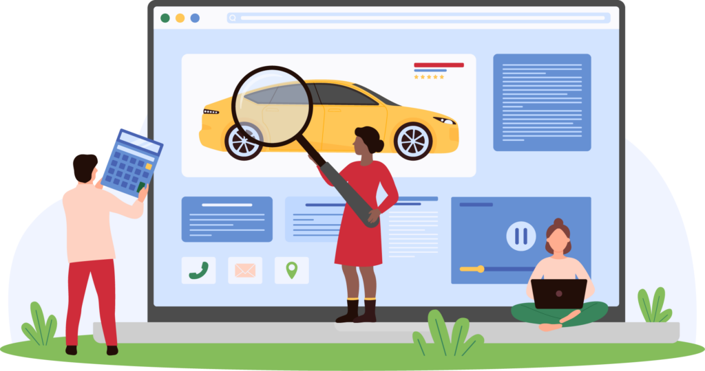 Illustration of consumers researching vehicles online, comparing options, and reviewing auto financing details before making a purchase decision.