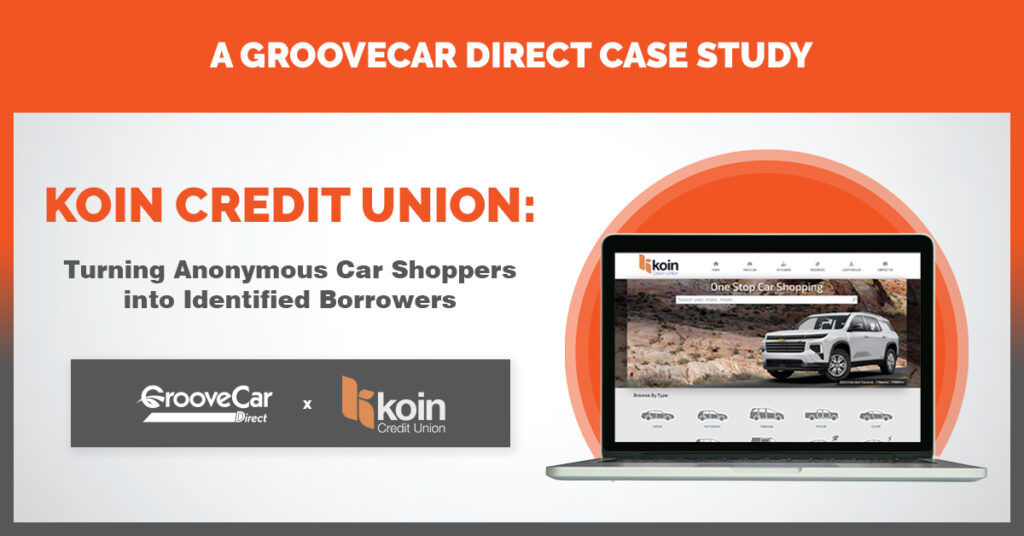 GrooveCar Direct case study graphic featuring Koin Credit Union and a laptop showing a car shopping platform, highlighting how anonymous car shoppers are converted into identified borrowers.