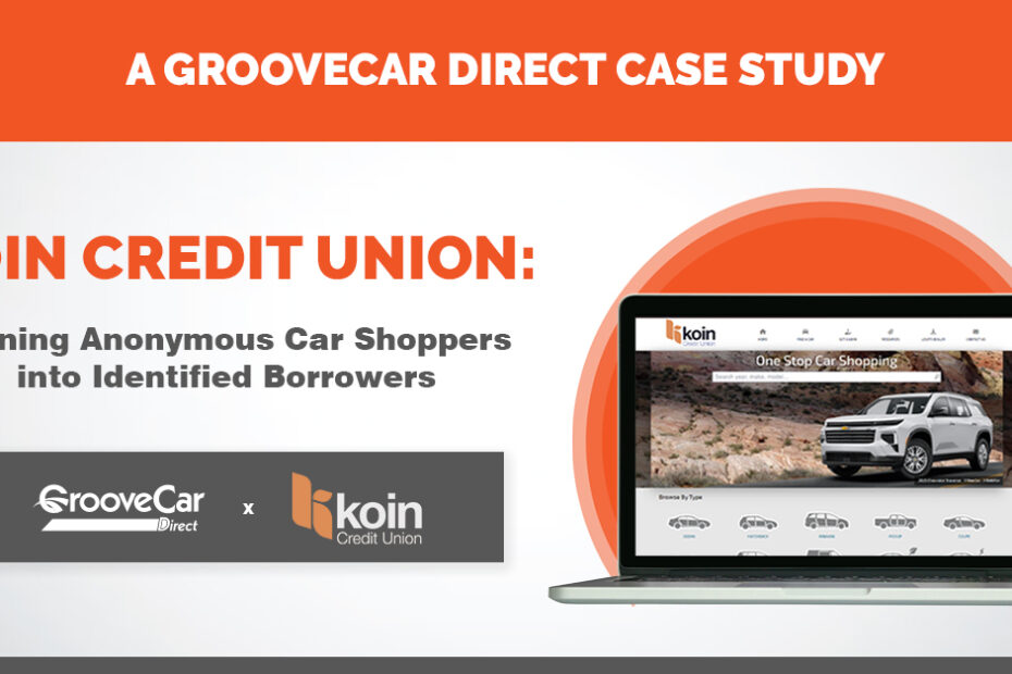 GrooveCar Direct case study graphic featuring Koin Credit Union and a laptop showing a car shopping platform, highlighting how anonymous car shoppers are converted into identified borrowers.